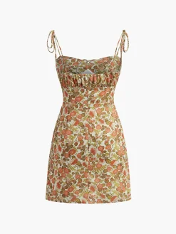 COMMENSE Floral Tie Front A Line Dress* Casual Dresses|Floral Dresses