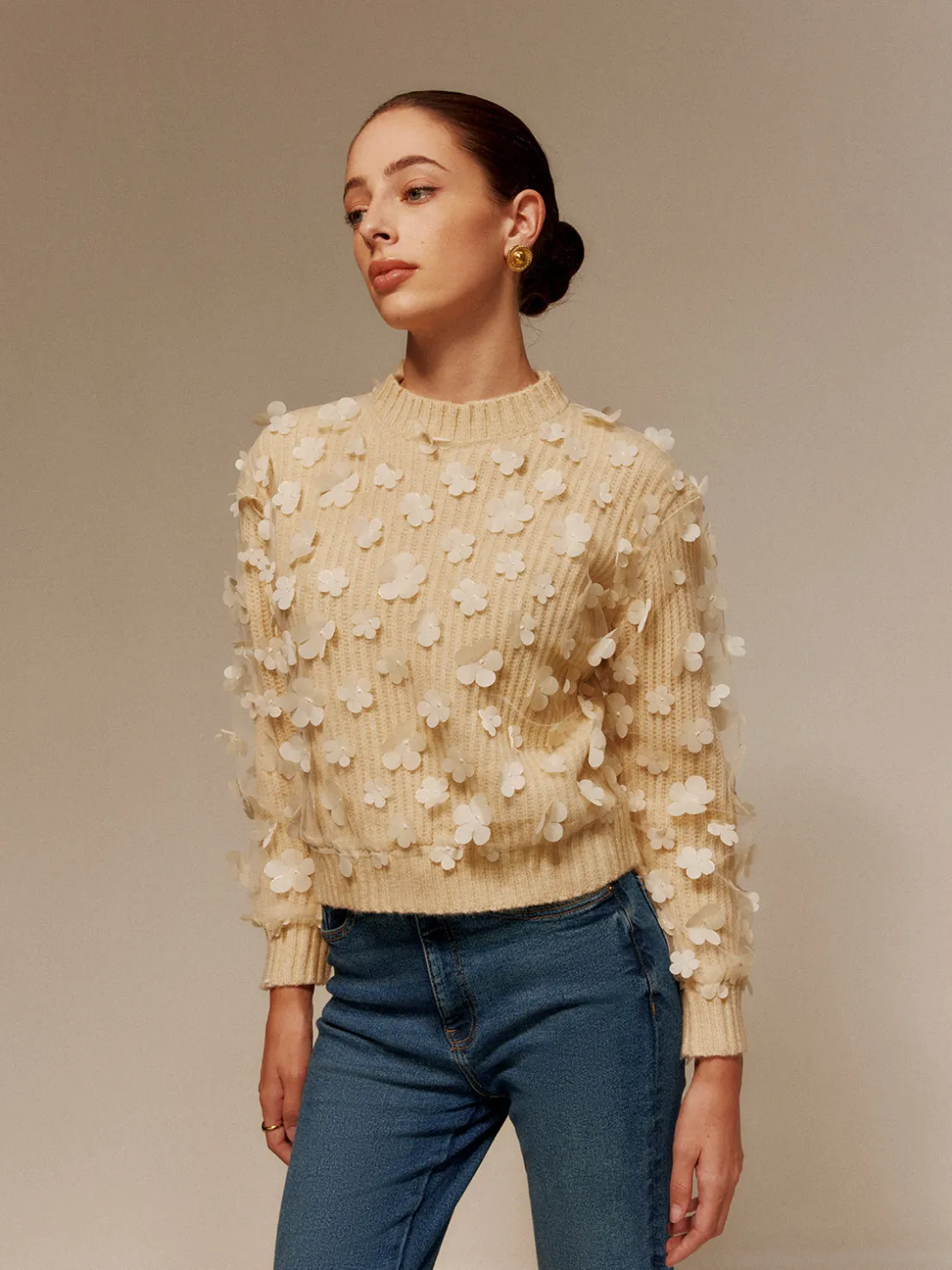 COMMENSE Floral-Decor Short Sweater* Sweater Tops|Sweaters & Cardigans