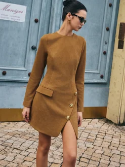 COMMENSE Floral-Detail Faux Leather Slim Dress* Casual Dresses|Floral Dresses