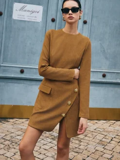 COMMENSE Floral-Detail Faux Leather Slim Dress* Casual Dresses|Floral Dresses