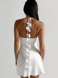 COMMENSE Flower Stripe Backless Halter Short Dress* White Dresses|Cocktail & Party Dresses