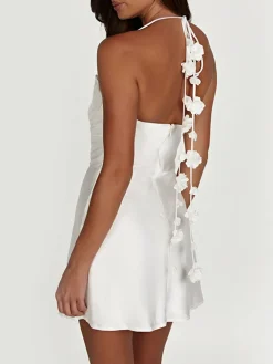COMMENSE Flower Stripe Backless Halter Short Dress* White Dresses|Cocktail & Party Dresses