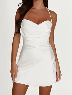 COMMENSE Flower Stripe Backless Halter Short Dress* White Dresses|Cocktail & Party Dresses
