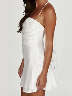 COMMENSE Flower Stripe Backless Halter Short Dress* White Dresses|Cocktail & Party Dresses