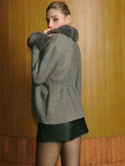 COMMENSE Fox Fur Panel Wool-Blend Knit Outerwear* Outerwear|Knitwear