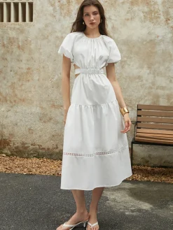 COMMENSE Frenchy Puff Sleeve Knotted Midi Dress* White Dresses|Casual Dresses