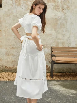 COMMENSE Frenchy Puff Sleeve Knotted Midi Dress* White Dresses|Casual Dresses