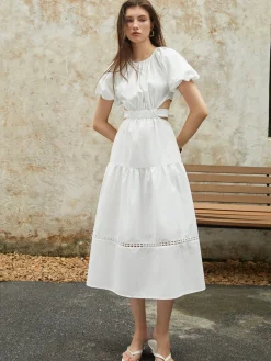 COMMENSE Frenchy Puff Sleeve Knotted Midi Dress* White Dresses|Casual Dresses