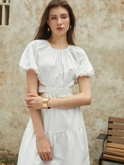 COMMENSE Frenchy Puff Sleeve Knotted Midi Dress* White Dresses|Casual Dresses