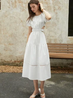 COMMENSE Frenchy Puff Sleeve Knotted Midi Dress* White Dresses|Casual Dresses