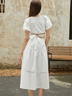 COMMENSE Frenchy Puff Sleeve Knotted Midi Dress* White Dresses|Casual Dresses
