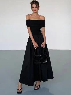 COMMENSE Frenchy Solid Off-Shoulder Long Dress* Black Dresses|Casual Dresses