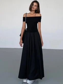 COMMENSE Frenchy Solid Off-Shoulder Long Dress* Black Dresses|Casual Dresses