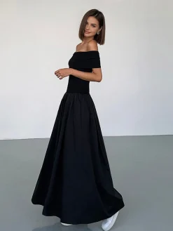 COMMENSE Frenchy Solid Off-Shoulder Long Dress* Black Dresses|Casual Dresses