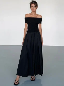 COMMENSE Frenchy Solid Off-Shoulder Long Dress* Black Dresses|Casual Dresses