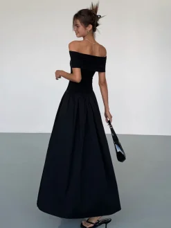 COMMENSE Frenchy Solid Off-Shoulder Long Dress* Black Dresses|Casual Dresses