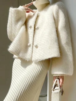 COMMENSE Fuzzy Button Short Wool Coat* Outerwear|Coats