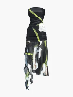 COMMENSE Gardenia Floral Mesh Pleat Tube Midi Dress* Black Dresses|Casual Dresses