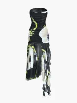 COMMENSE Gardenia Floral Mesh Pleat Tube Midi Dress* Black Dresses|Casual Dresses