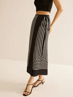 COMMENSE Geometric Pinstripe Satin Wrap Tie Skirt* Skirts|Matching Sets