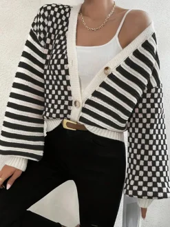 COMMENSE Geometric-Pattern Crop Knit Outerwear* Sweater Tops|Outerwear