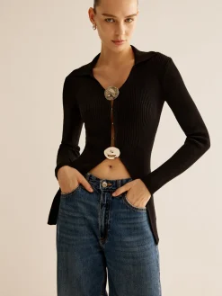 COMMENSE Glossy-Ring  Ribbed Slim Cardigan* Cardigans|Sweaters & Cardigans