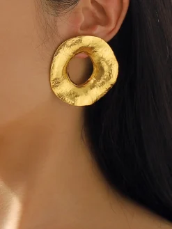 COMMENSE Gold Textured Metal Round Stud Earrings* Earrings|Accessories