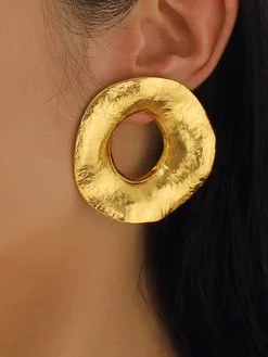 COMMENSE Gold Textured Metal Round Stud Earrings* Earrings|Accessories
