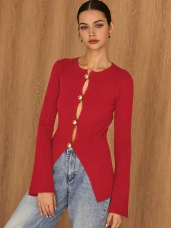 COMMENSE Golden Button Split Knit Top* Sweater Tops|Sweaters & Cardigans