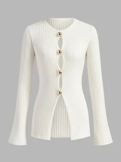 COMMENSE Golden Button Split Knit Top* Sweater Tops|Sweaters & Cardigans