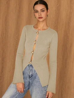 COMMENSE Golden Button Split Knit Top* Sweater Tops|Sweaters & Cardigans