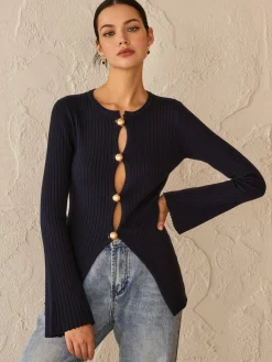 COMMENSE Golden Button Split Knit Top* Sweater Tops|Sweaters & Cardigans