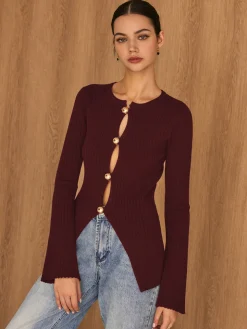 COMMENSE Golden Button Split Knit Top* Sweater Tops|Sweaters & Cardigans