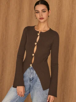 COMMENSE Golden Button Split Knit Top* Sweater Tops|Sweaters & Cardigans