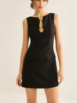 COMMENSE Golden Flower Brooch Cutout Tank Dress* Black Dresses|Casual Dresses