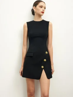 COMMENSE Golden Rose Button Pocket Split Dress* Black Dresses|Casual Dresses