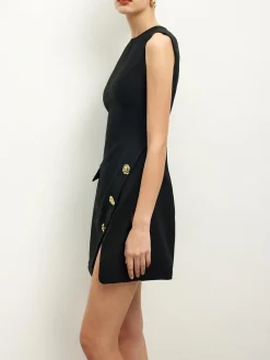 COMMENSE Golden Rose Button Pocket Split Dress* Black Dresses|Casual Dresses