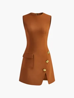 COMMENSE Golden Rose Button Pocket Split Dress* Black Dresses|Casual Dresses