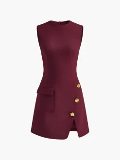 COMMENSE Golden Rose Button Pocket Split Dress* Black Dresses|Casual Dresses