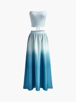 COMMENSE Gradient Lace Up Tube Long Skirt Set* Skirt Sets|Long Sleeve Sets
