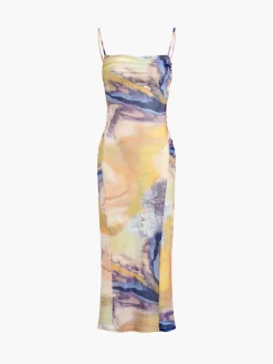 COMMENSE Granite Tie Dye Mesh Ruched Midi Dress* Casual Dresses|Vacation Dresses