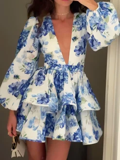 COMMENSE Grape Printed Ruffle Corset Dress* Casual Dresses|Cocktail & Party Dresses