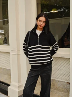 COMMENSE Half-Zip Striped Sweater* Sweater Tops|Sweaters & Cardigans