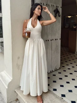 COMMENSE Halter Backless Pockets Dress* White Dresses|Black Dresses