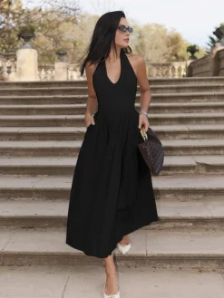 COMMENSE Halter Backless Pockets Dress* White Dresses|Black Dresses