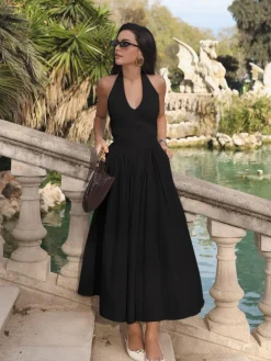 COMMENSE Halter Backless Pockets Dress* White Dresses|Black Dresses