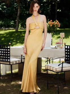 COMMENSE Halter Backless Satin Long Dress* Cocktail & Party Dresses|Summer Dresses