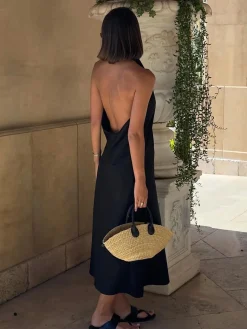 COMMENSE Halter Backless Satin Long Dress* Black Dresses|Vacation Dresses