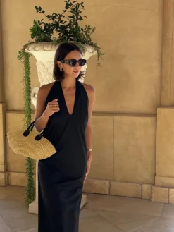 COMMENSE Halter Backless Satin Long Dress* Black Dresses|Vacation Dresses