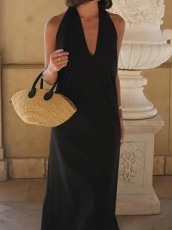 COMMENSE Halter Backless Satin Long Dress* Black Dresses|Vacation Dresses